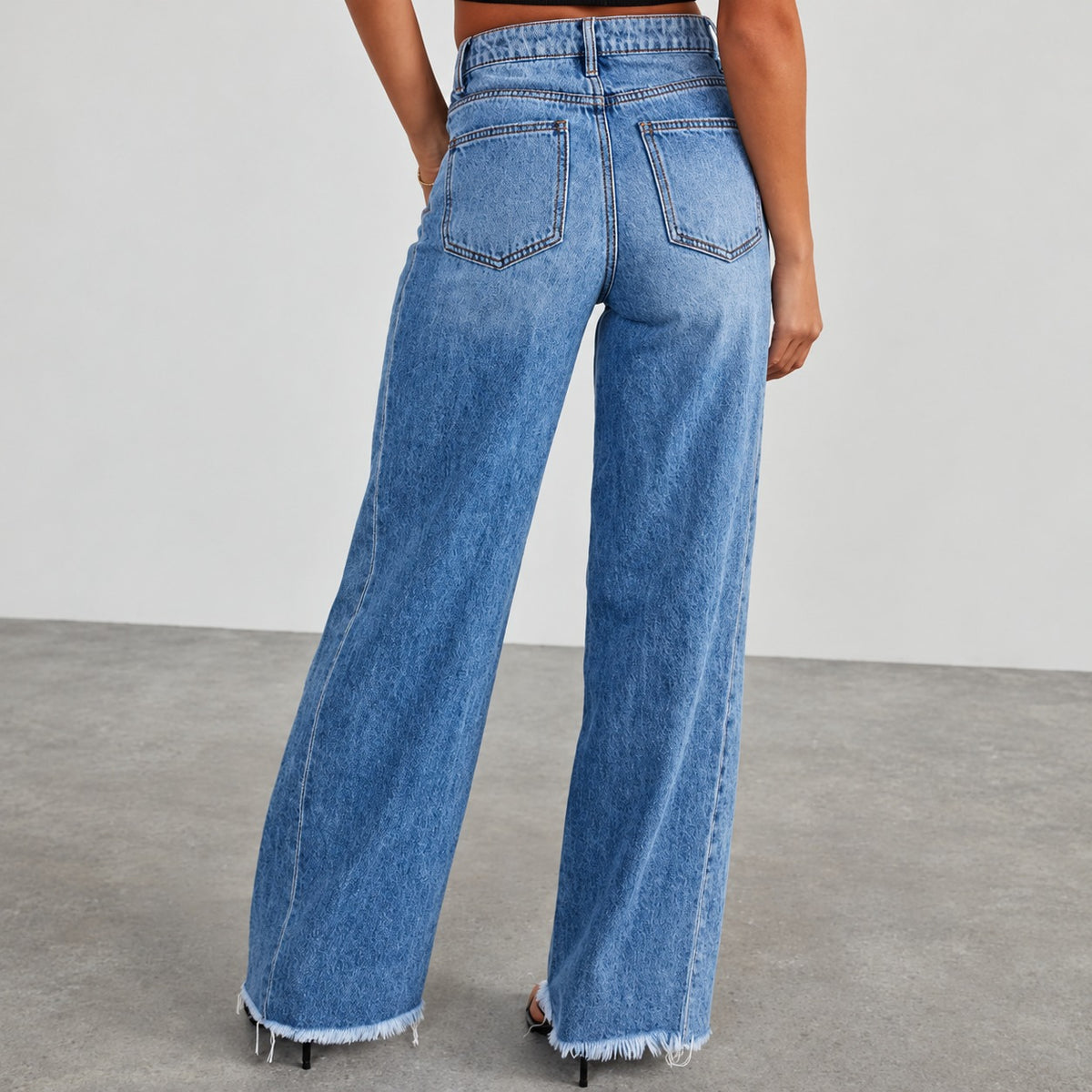 Wide Leg Jeans for Women High Waist Distressed Hem - Relaxed Fit