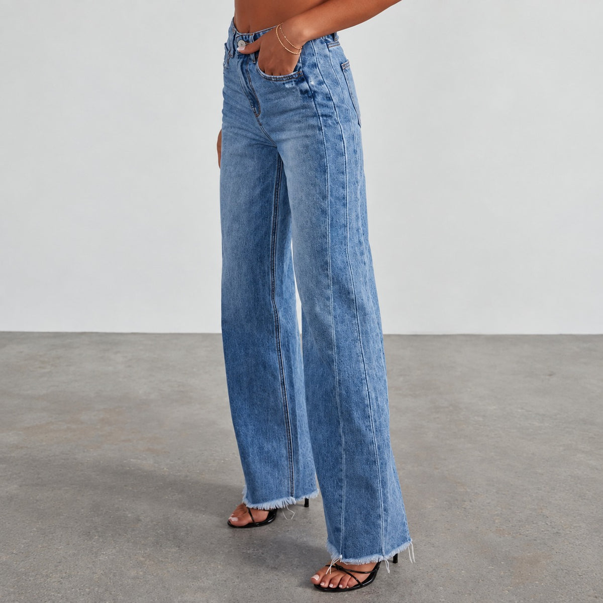 Wide Leg Jeans for Women High Waist Distressed Hem - Relaxed Fit