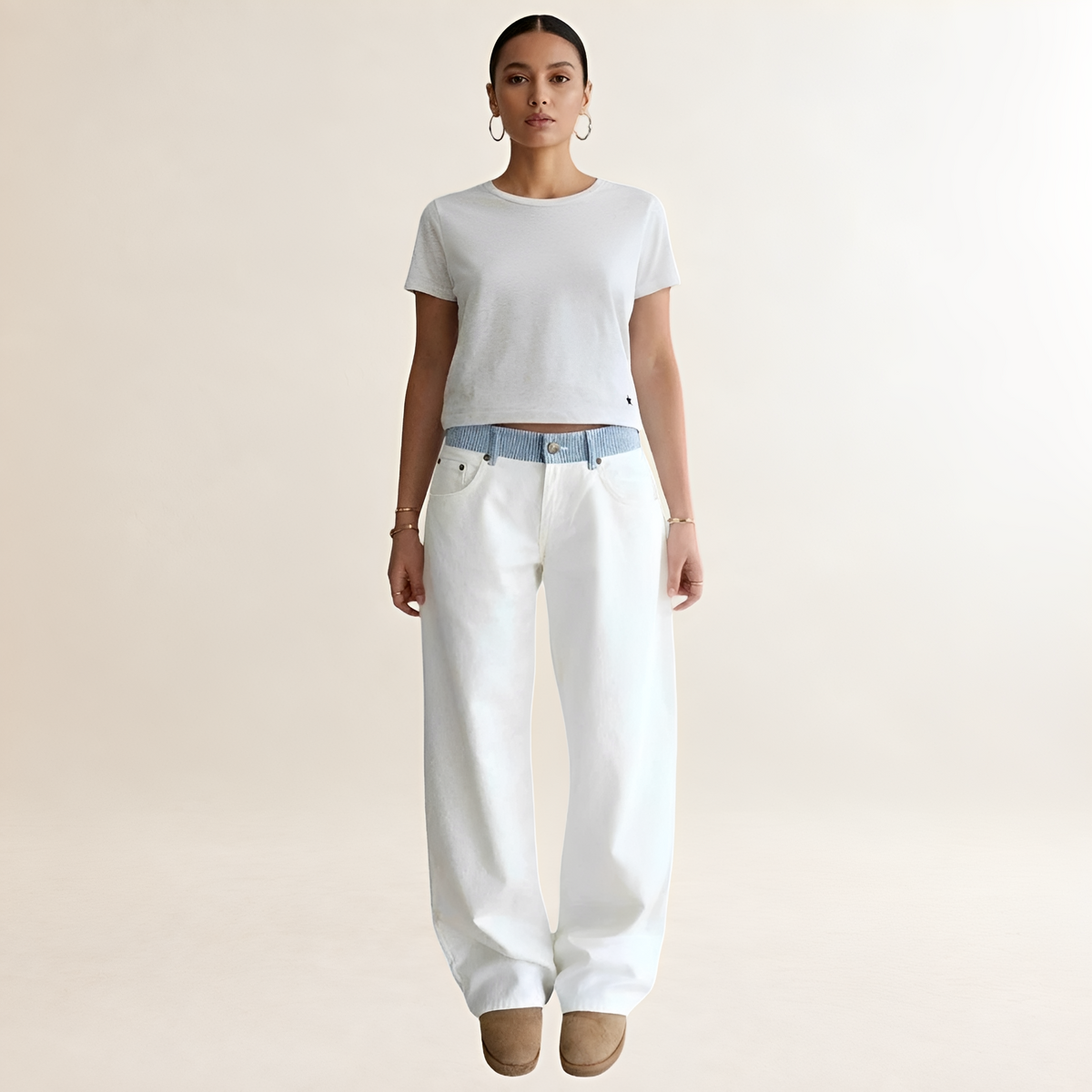 Wide Leg Jeans Women Contrast Waistband - Relaxed Fit