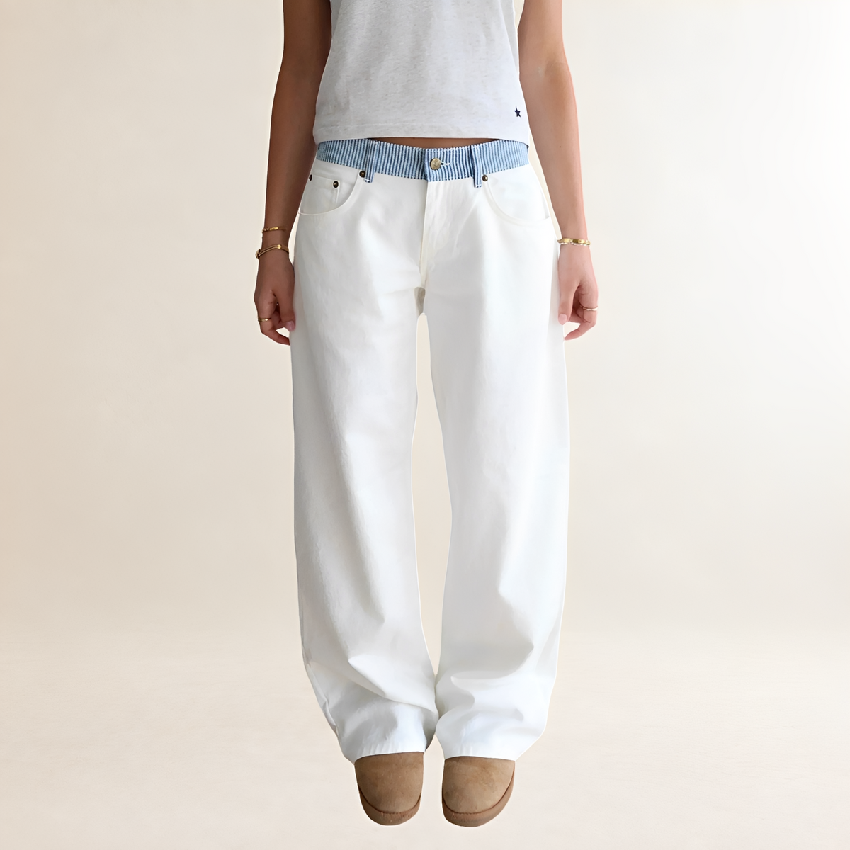 Wide Leg Jeans Women Contrast Waistband - Relaxed Fit