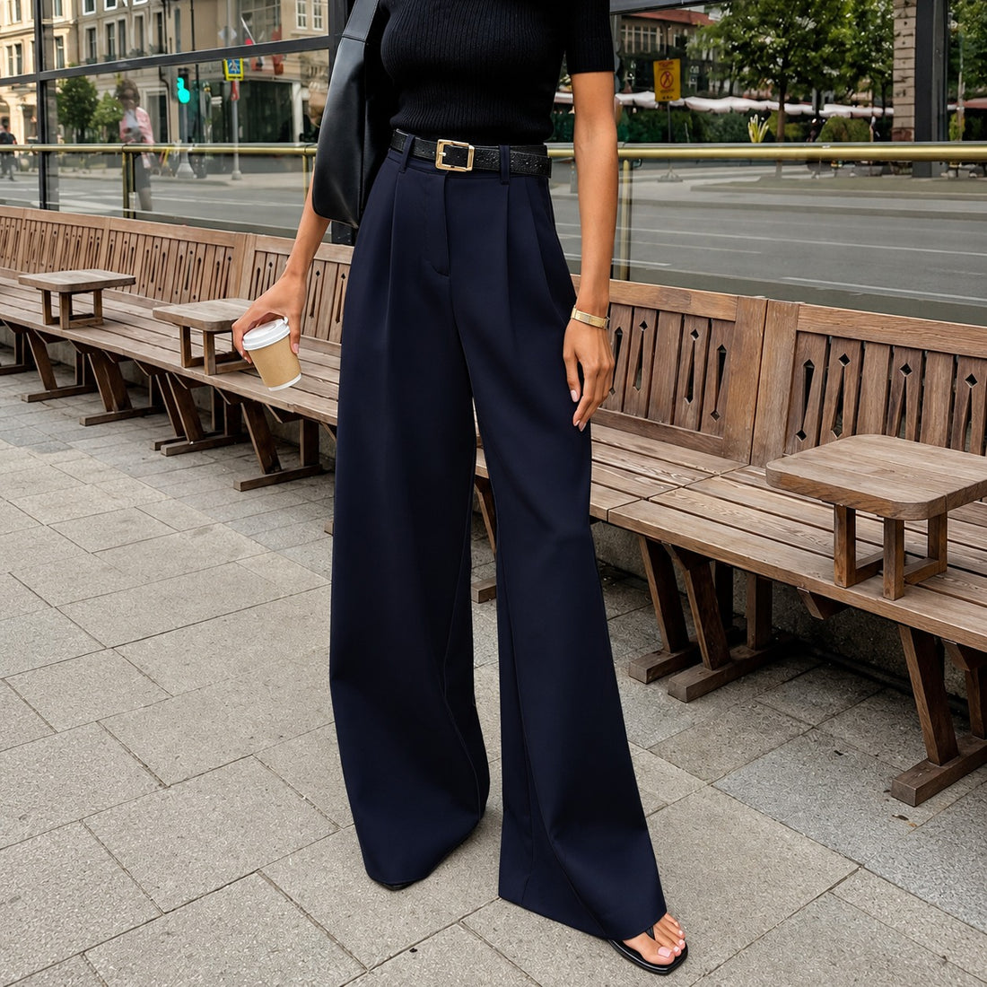 Wide Leg Pants for Women - High Waist, Pleated Design, Regular Fit