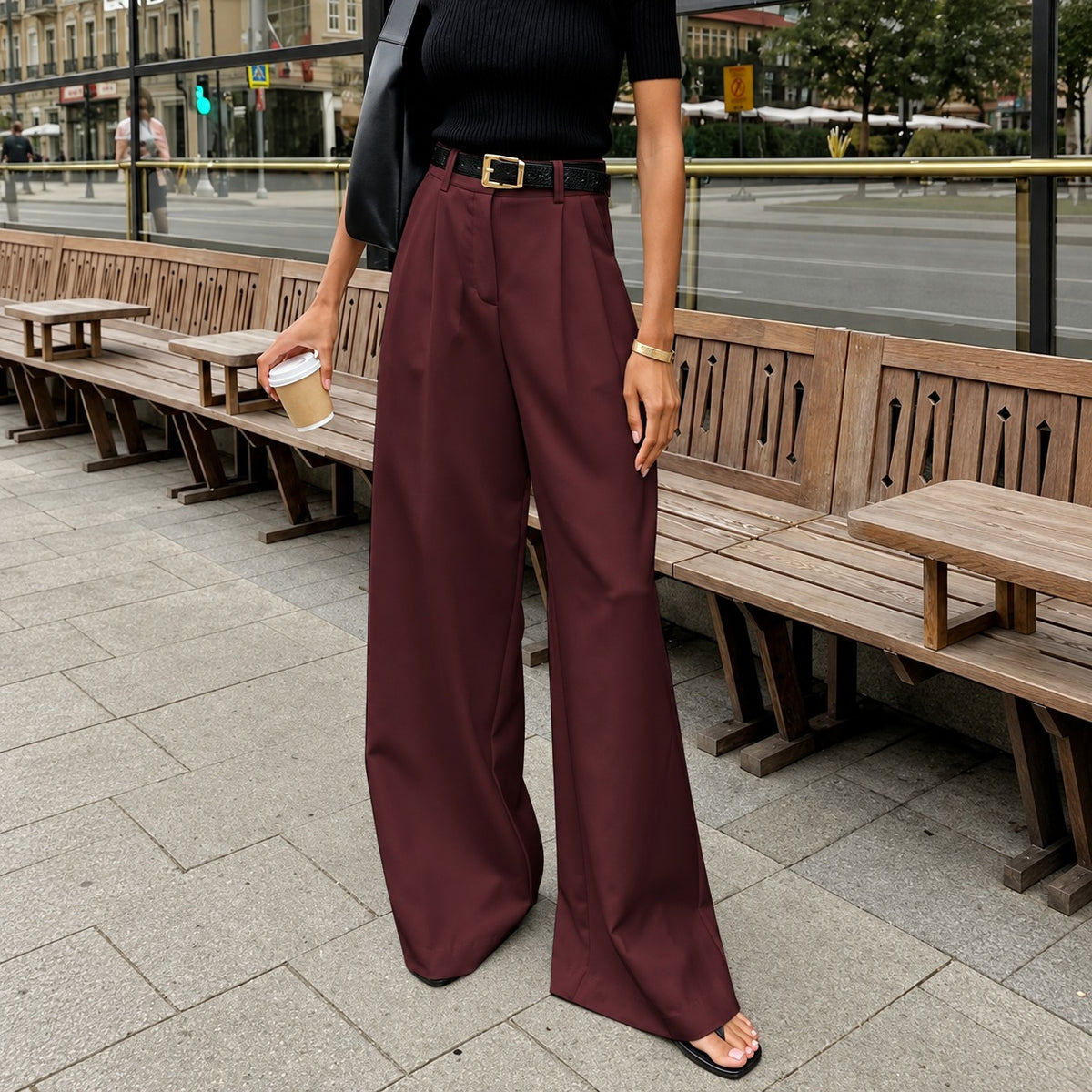 Wide Leg Pants for Women - High Waist, Pleated Design, Regular Fit