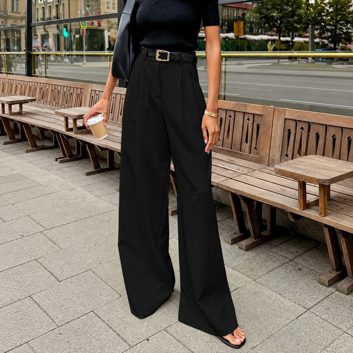 Wide Leg Pants for Women - High Waist, Pleated Design, Regular Fit