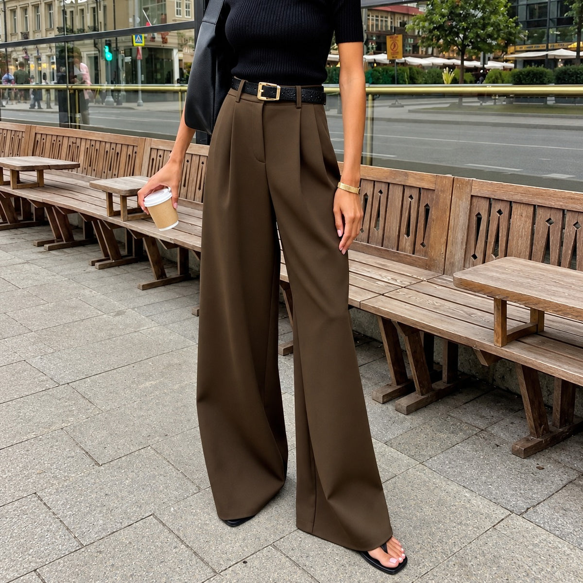 Wide Leg Pants for Women - High Waist, Pleated Design, Regular Fit