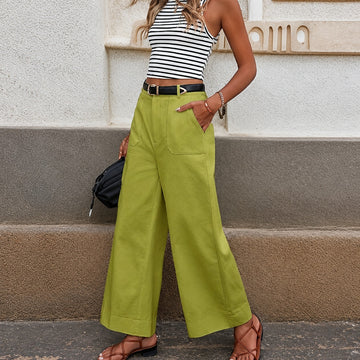 Wide Leg Trousers for Women - High-Waisted with Side Pockets and Relaxed Fit