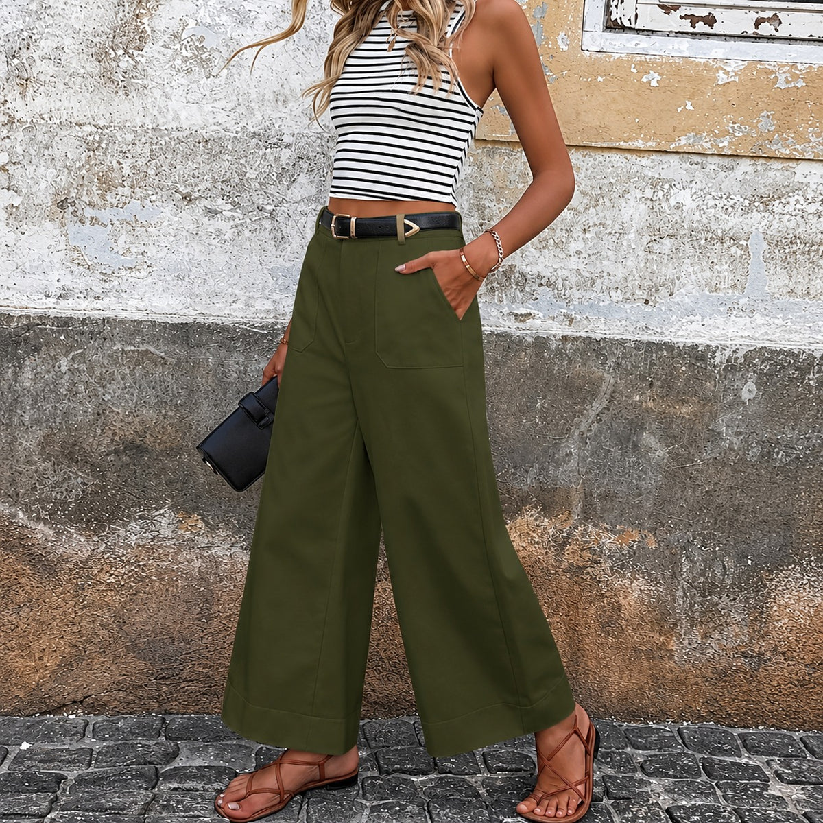 Wide Leg Trousers for Women - High-Waisted with Side Pockets and Relaxed Fit