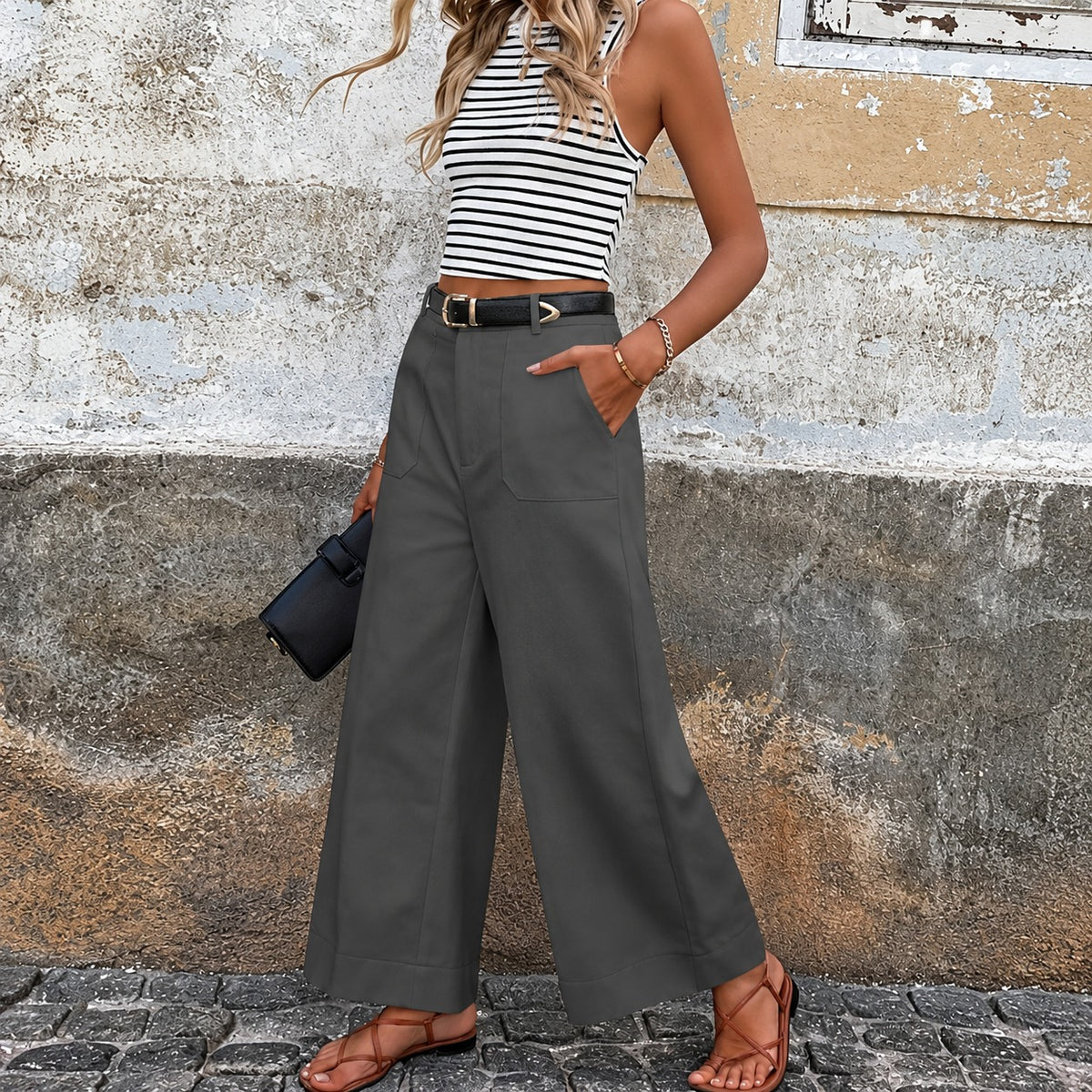 Wide Leg Trousers for Women - High-Waisted with Side Pockets and Relaxed Fit