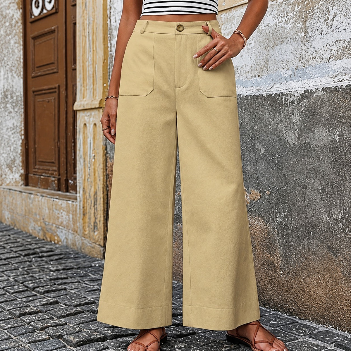 Wide Leg Trousers for Women - High-Waisted with Side Pockets and Relaxed Fit