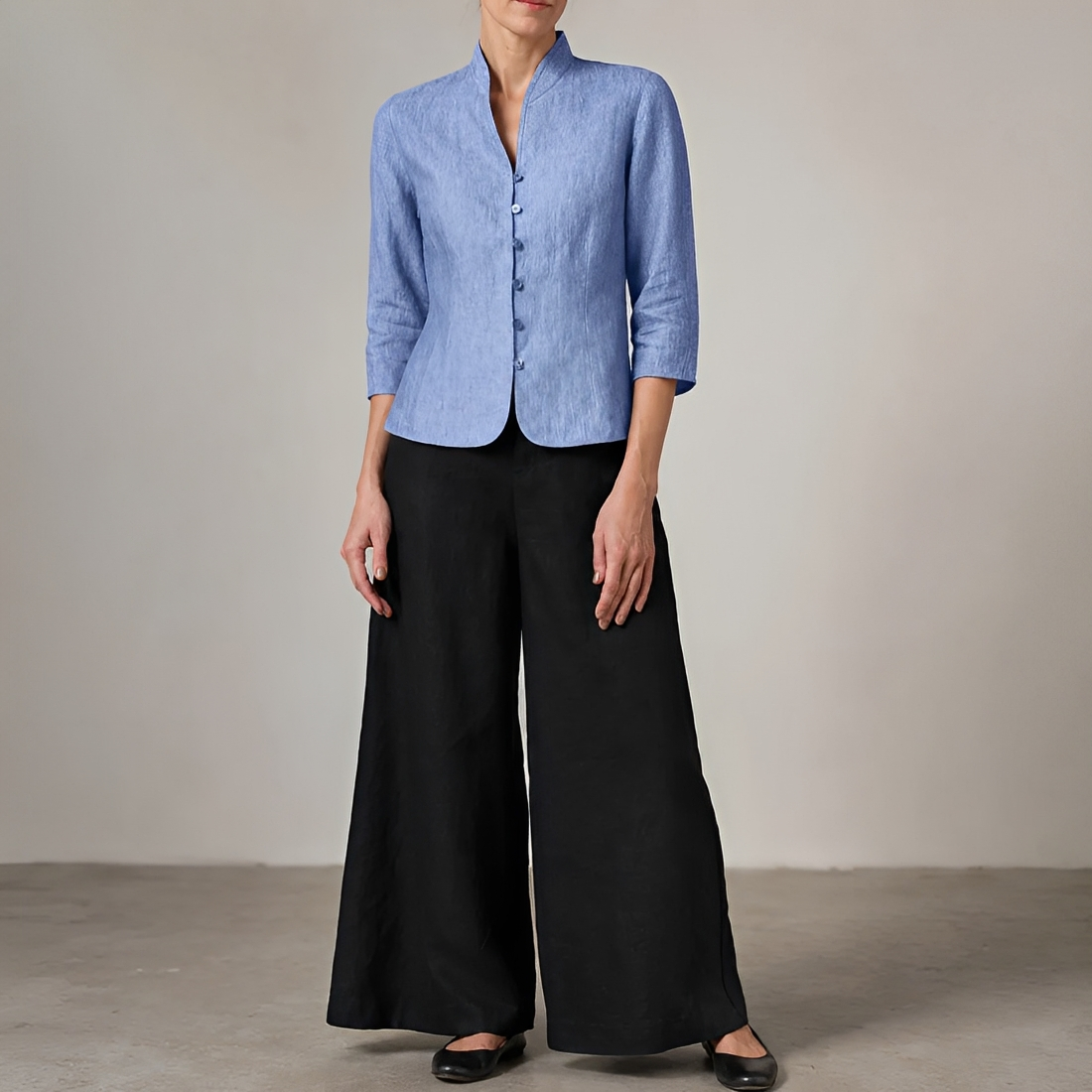 Women Blouse Button-Up V-Neck Long Sleeve - Relaxed Fit
