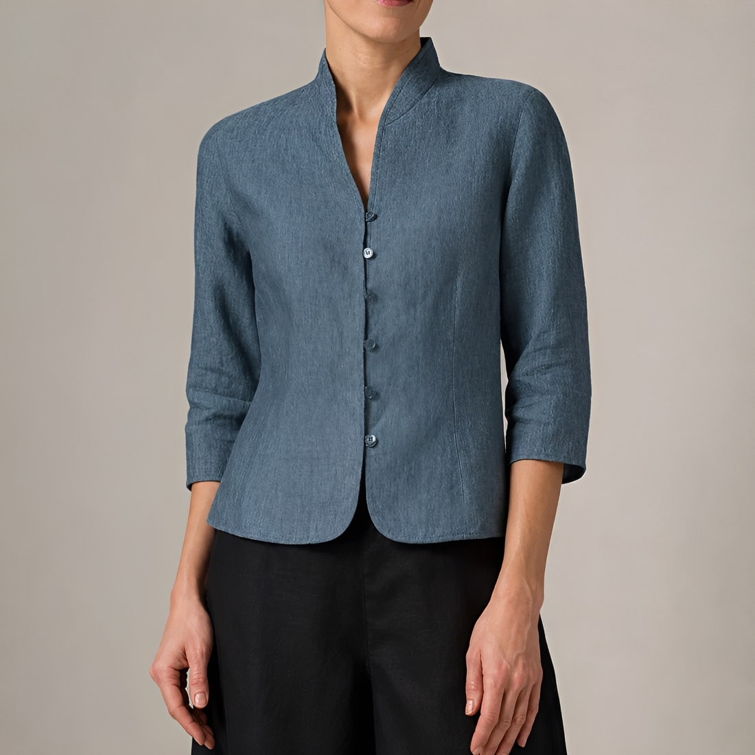 Women Blouse Button-Up V-Neck Long Sleeve - Relaxed Fit