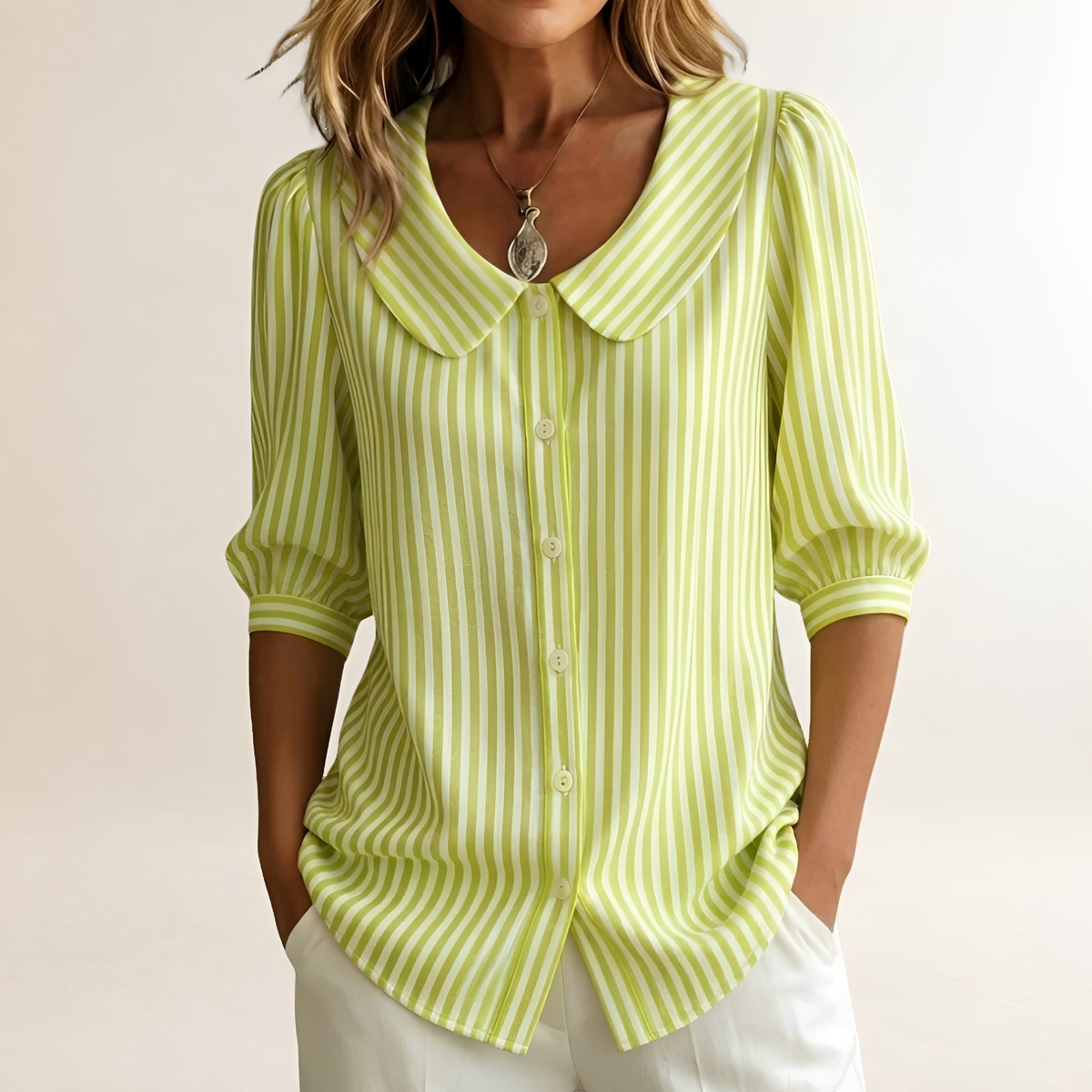 Women Blouse Sailor Collar Striped Design with Button Closure - Relaxed Fit