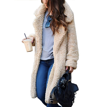 Women Coat Seasonal Oversized Plush Outerwear with Notched Collar - Relaxed Fit