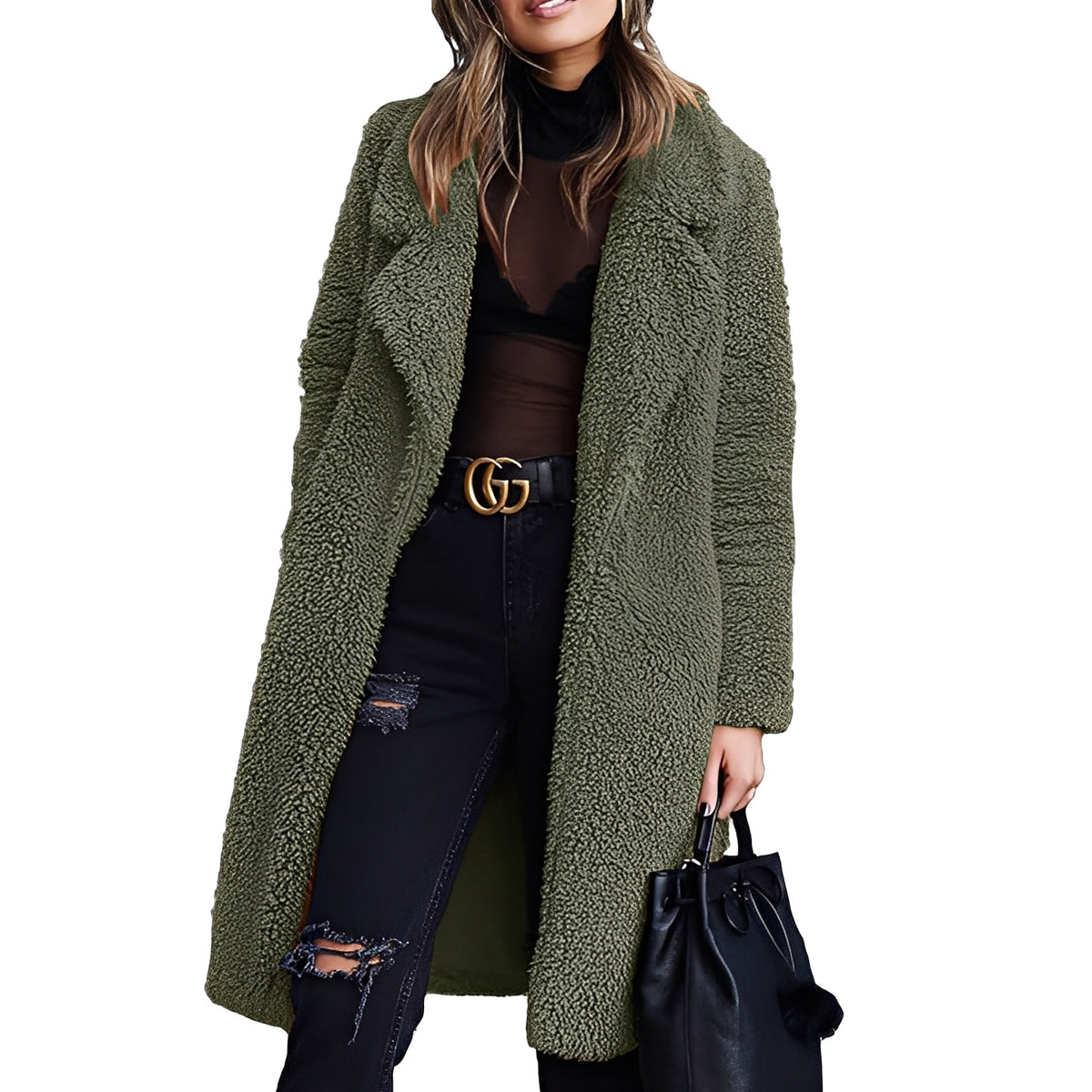 Women Coat Seasonal Oversized Plush Outerwear with Notched Collar - Relaxed Fit