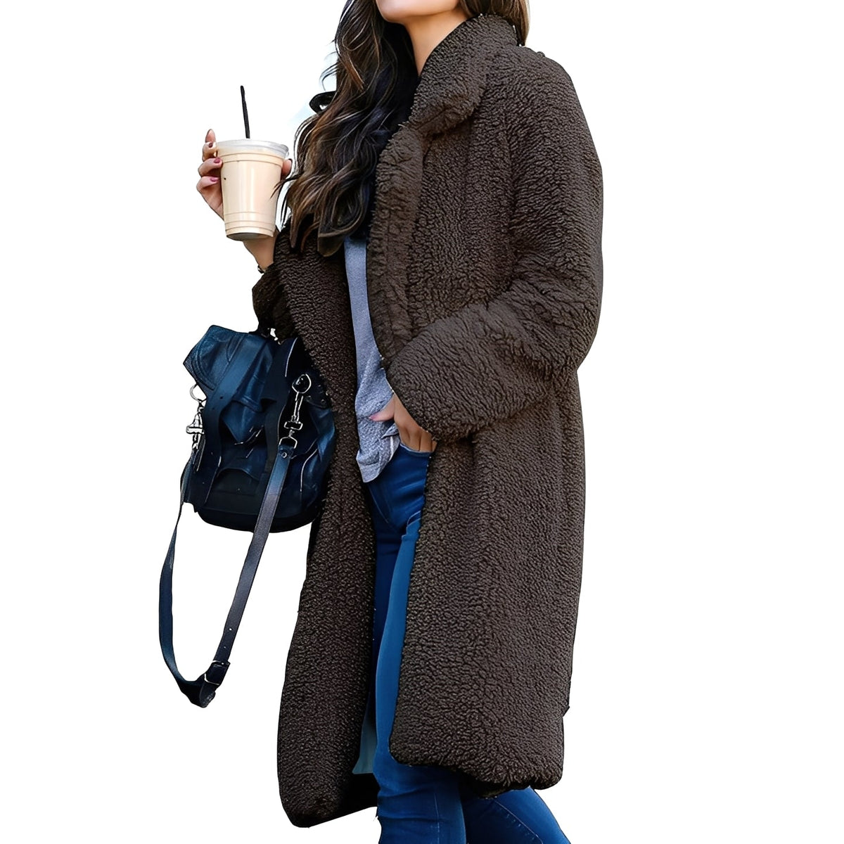 Women Coat Seasonal Oversized Plush Outerwear with Notched Collar - Relaxed Fit