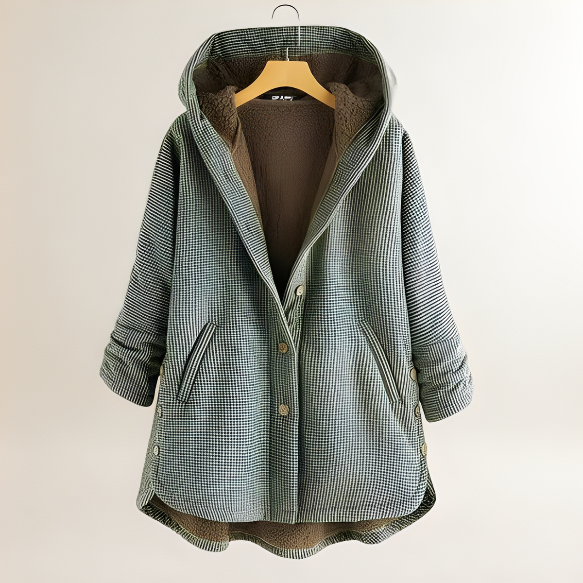 Women Jacket Hooded Checkered Design with Button Closure