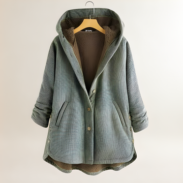 Women Jacket Hooded Checkered Design with Button Closure