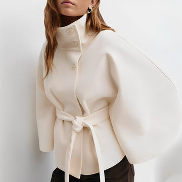 Women Jacket Seasonal Belted Cape Design with High Collar and Button Closure - Relaxed Fit