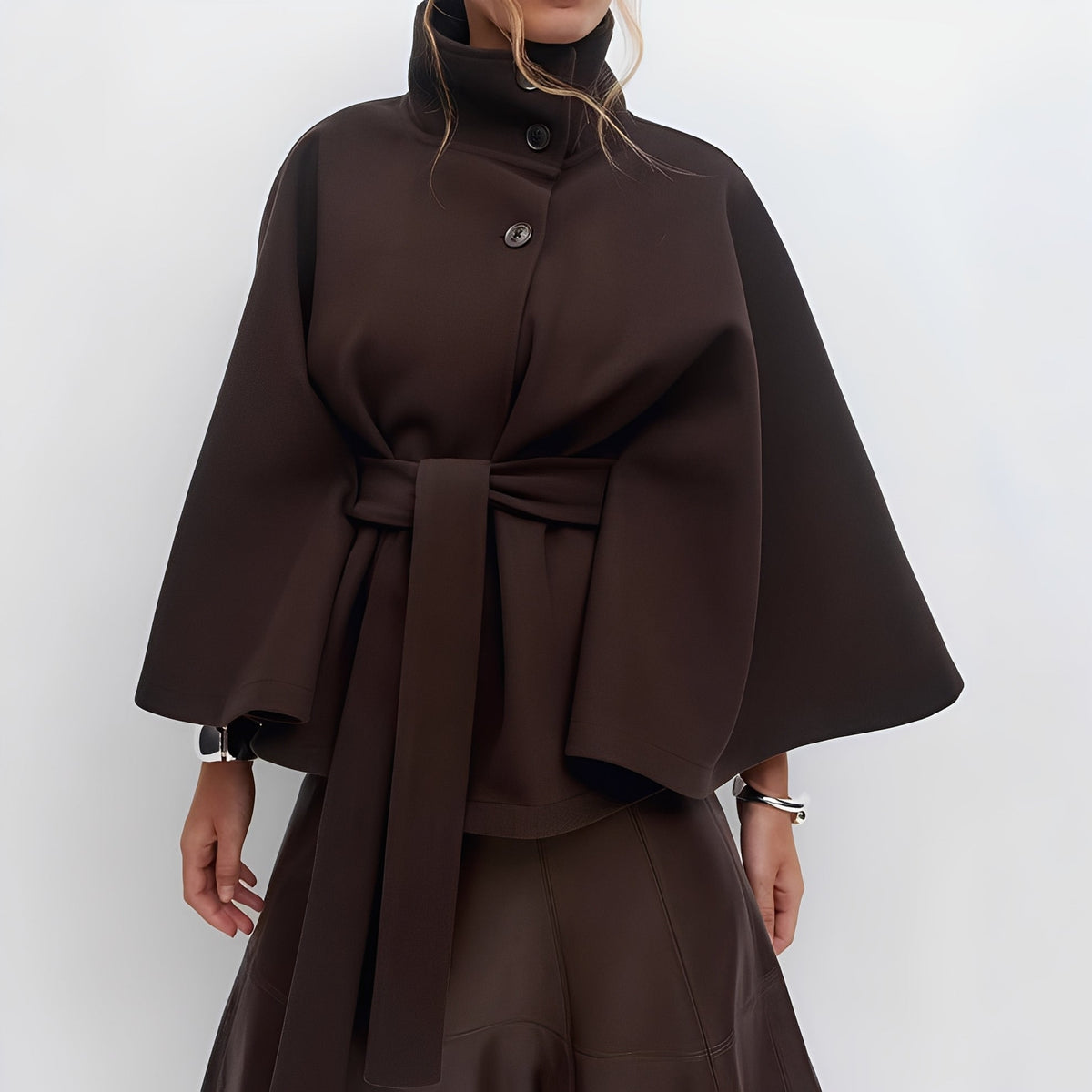 Women Jacket Seasonal Belted Cape Design with High Collar and Button Closure - Relaxed Fit