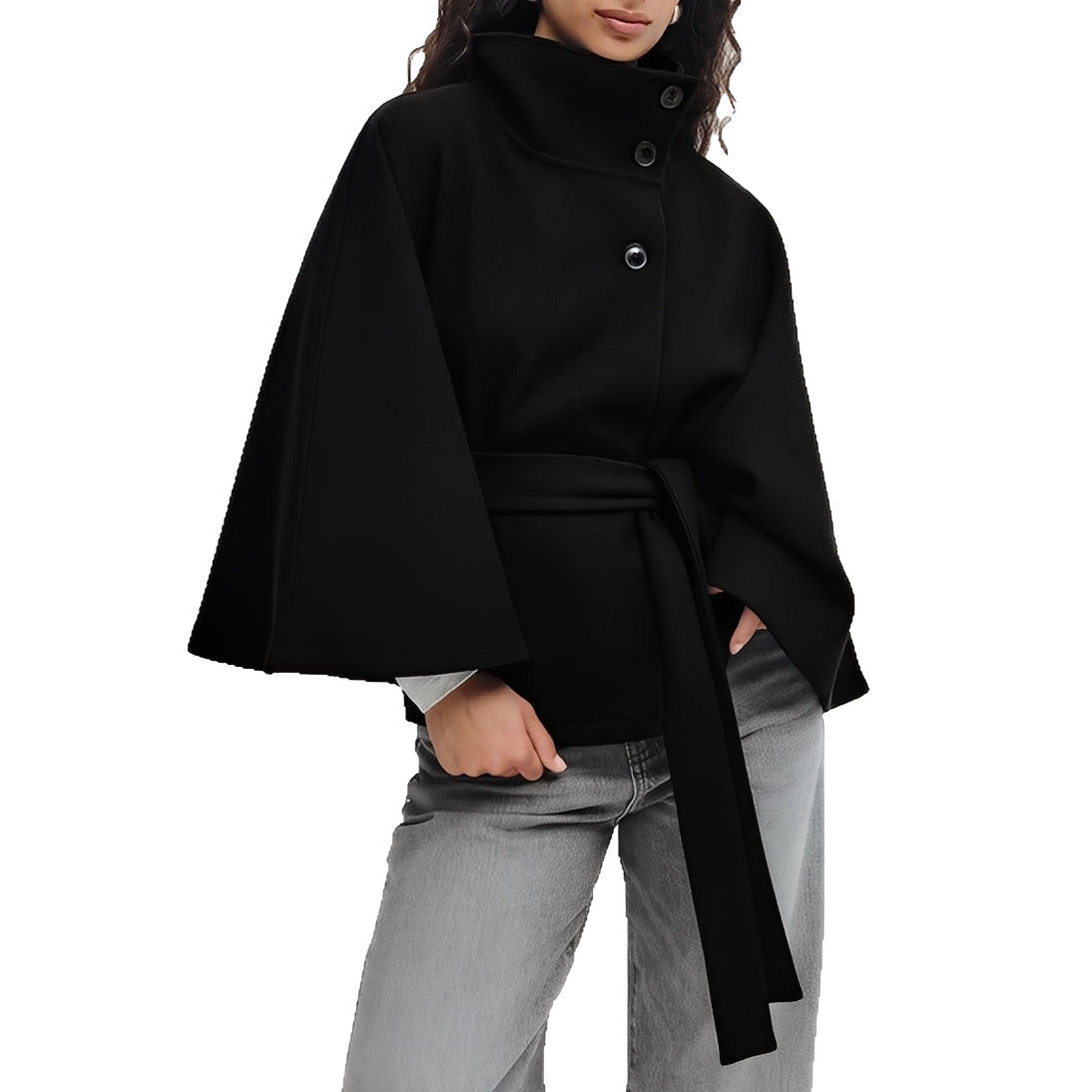 Women Jacket Seasonal Belted Cape Design with High Collar and Button Closure - Relaxed Fit