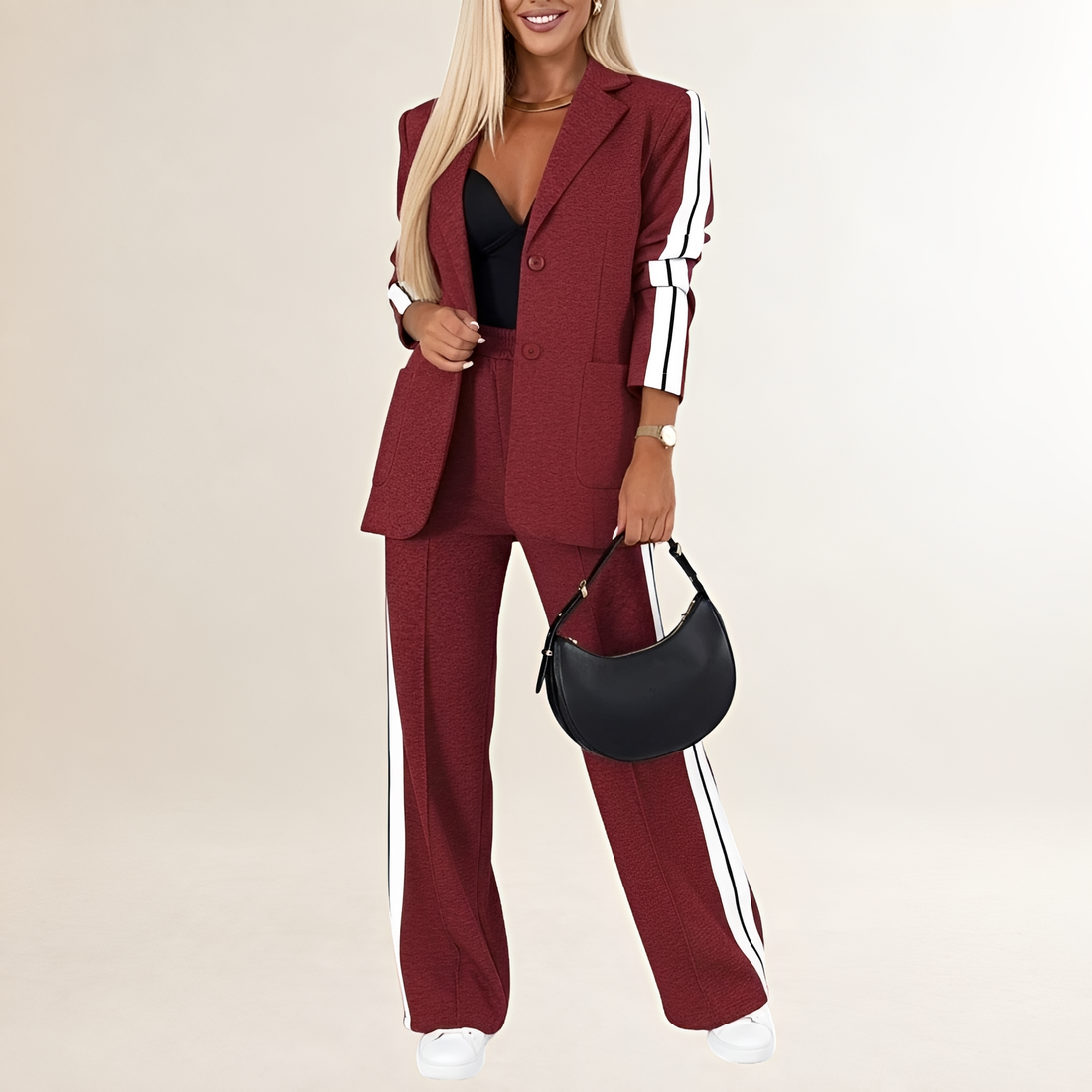 Women’s Athleisure Suit Set - Blazer and Wide-Leg Pants with Contrast Stripes