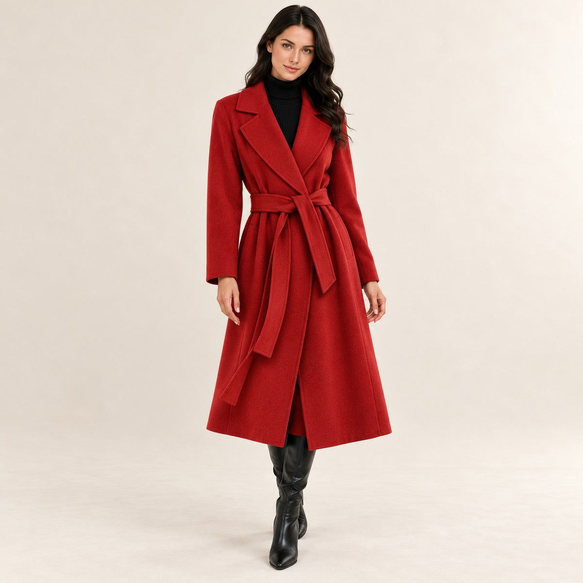 Women's Belted Wrap Coat - Notch Lapel, A-Line Silhouette, Long Length