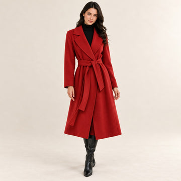 Women's Belted Wrap Coat - Notch Lapel, A-Line Silhouette, Long Length