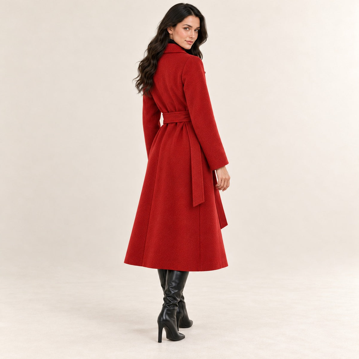 Women's Belted Wrap Coat - Notch Lapel, A-Line Silhouette, Long Length