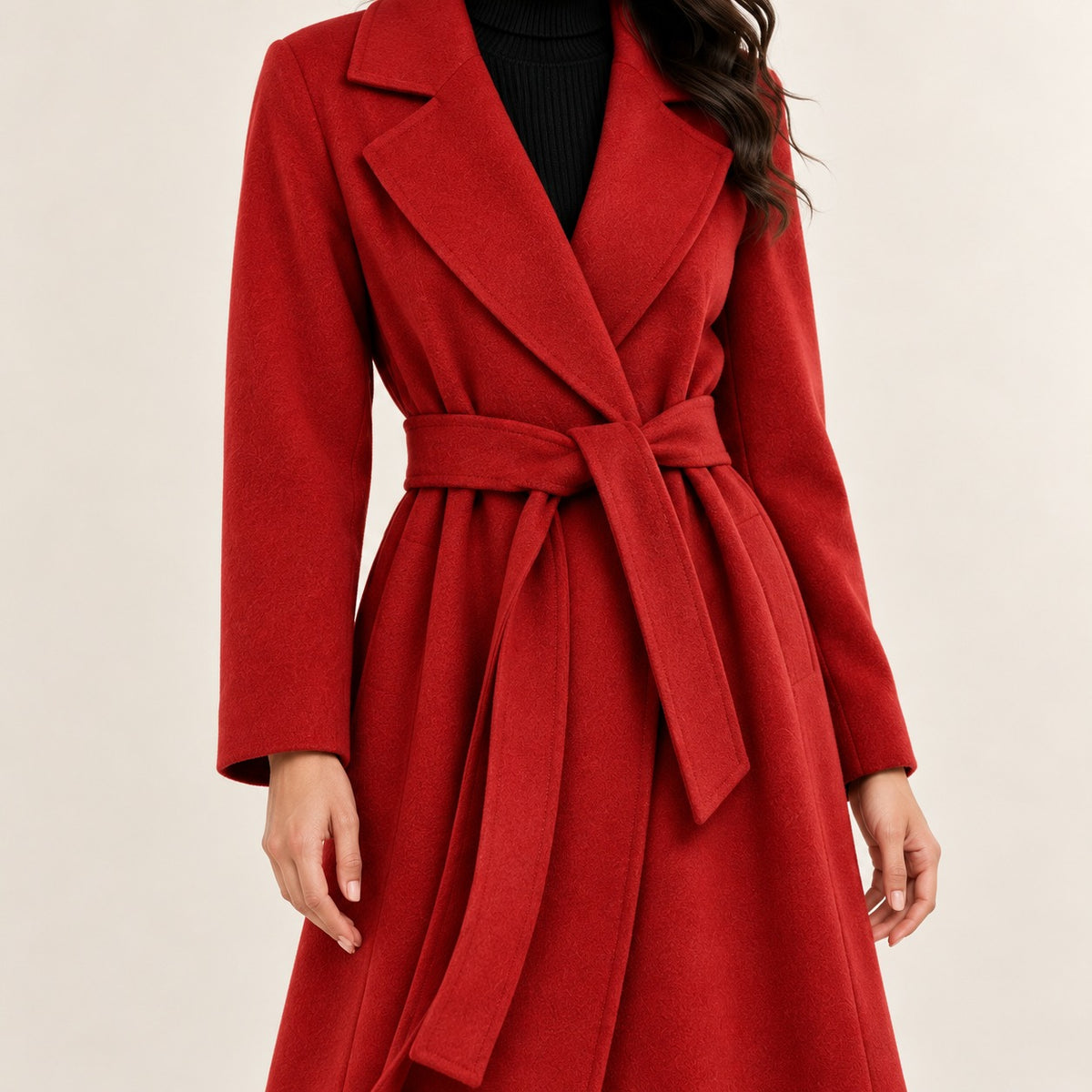 Women's Belted Wrap Coat - Notch Lapel, A-Line Silhouette, Long Length