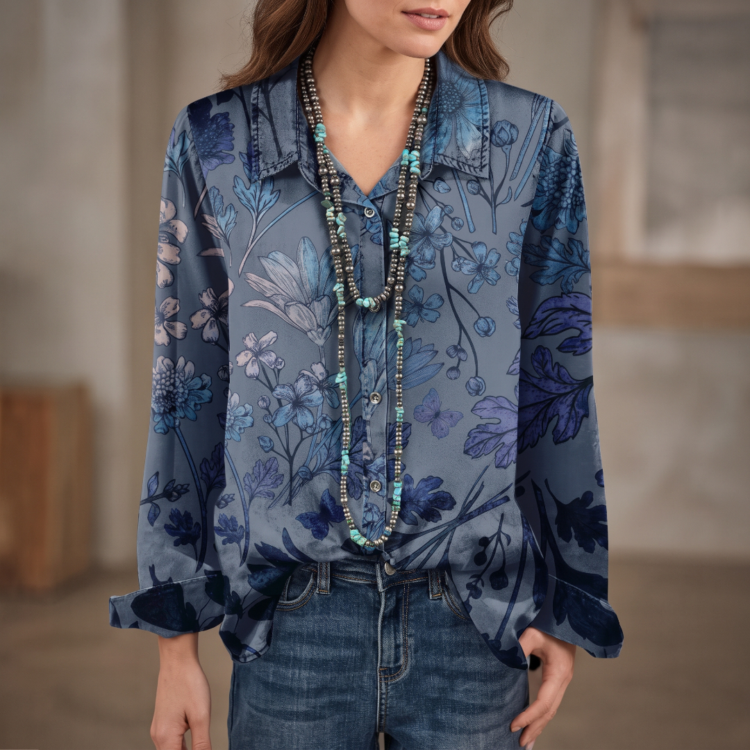 Women's Blouse, Band-Collar V‑Neck with Partial Button Placket, Short Puff Sleeves with Smocked Cuffs, Relaxed Fit Floral Print