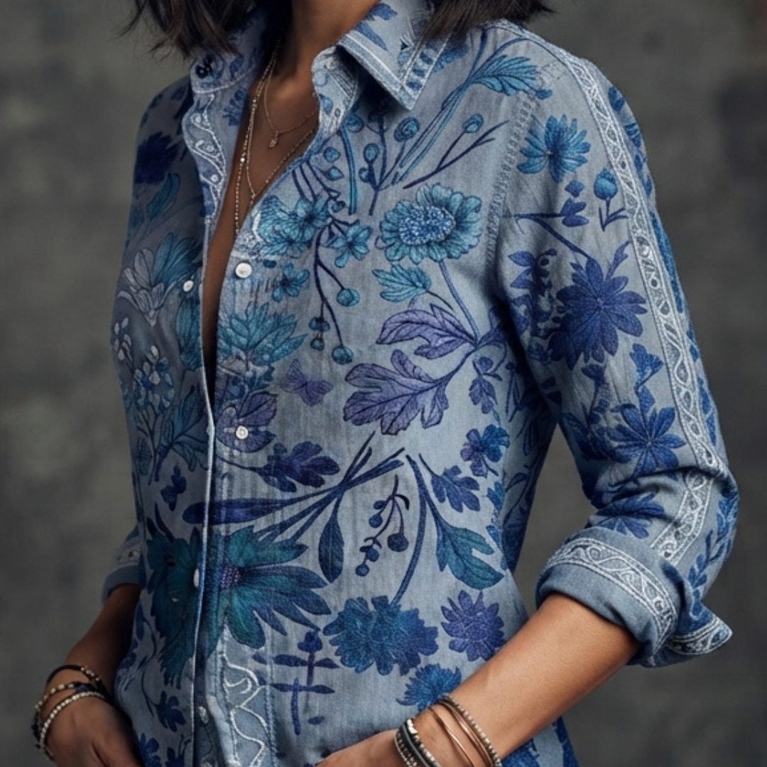 Women's Blouse, Band-Collar V‑Neck with Partial Button Placket, Short Puff Sleeves with Smocked Cuffs, Relaxed Fit Floral Print