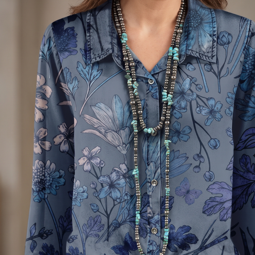 Women's Blouse, Band-Collar V‑Neck with Partial Button Placket, Short Puff Sleeves with Smocked Cuffs, Relaxed Fit Floral Print