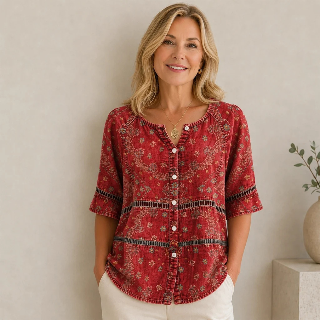 Women's Blouse Button-Front Split V-Neck, 3/4 Sleeves, Curved Hem, Ethnic Paisley Print, Relaxed Fit