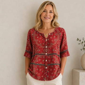 Women's Blouse Button-Front Split V-Neck, 3/4 Sleeves, Curved Hem, Ethnic Paisley Print, Relaxed Fit