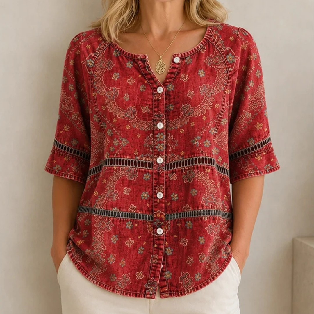 Women's Blouse Button-Front Split V-Neck, 3/4 Sleeves, Curved Hem, Ethnic Paisley Print, Relaxed Fit