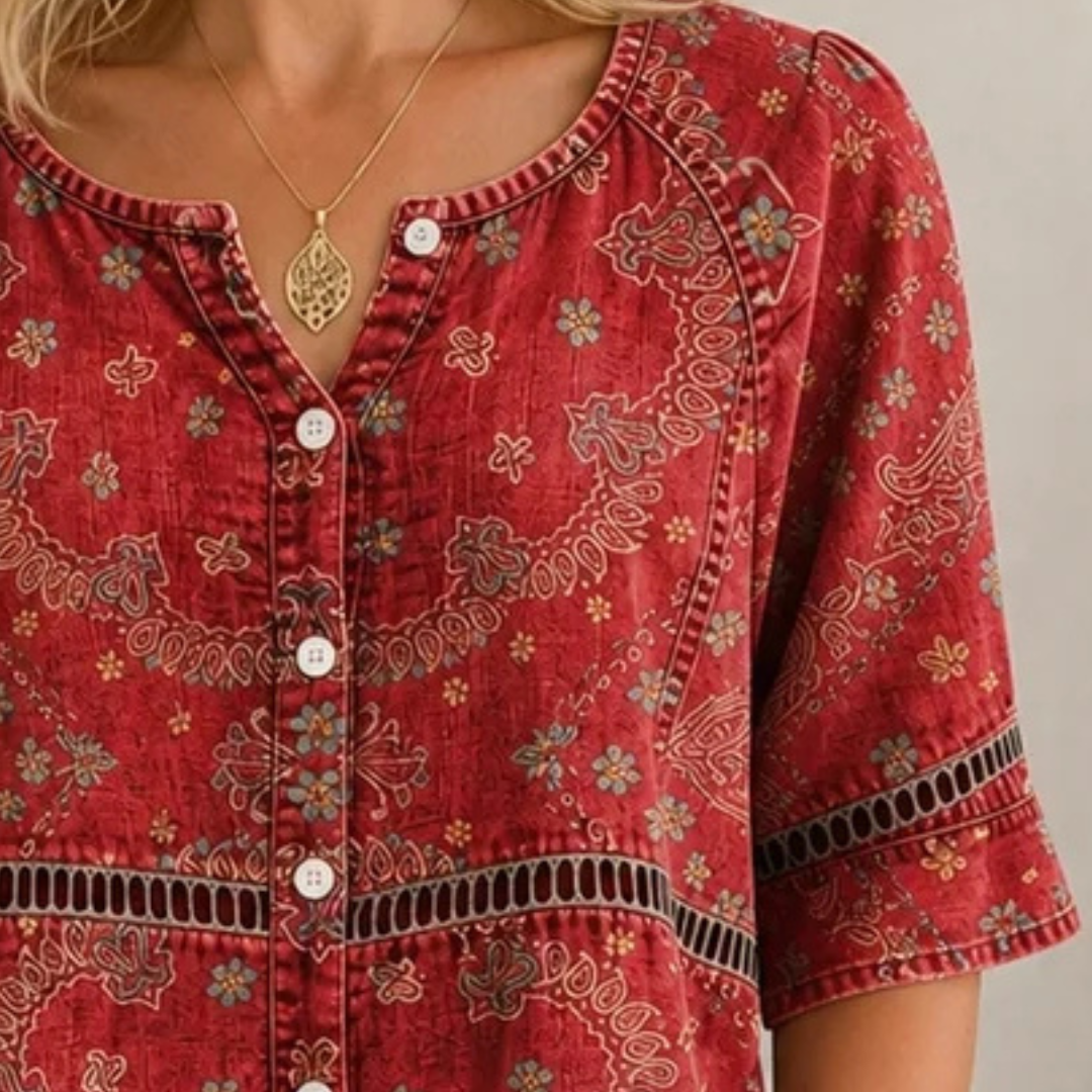 Women's Blouse Button-Front Split V-Neck, 3/4 Sleeves, Curved Hem, Ethnic Paisley Print, Relaxed Fit