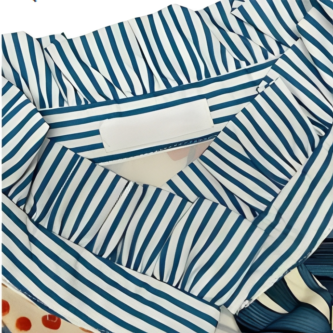 Women's Blouse, Half-Button Placket, Long Sleeve with Contrast Striped Collar & Cuffs, Relaxed Fit, All-Over Print