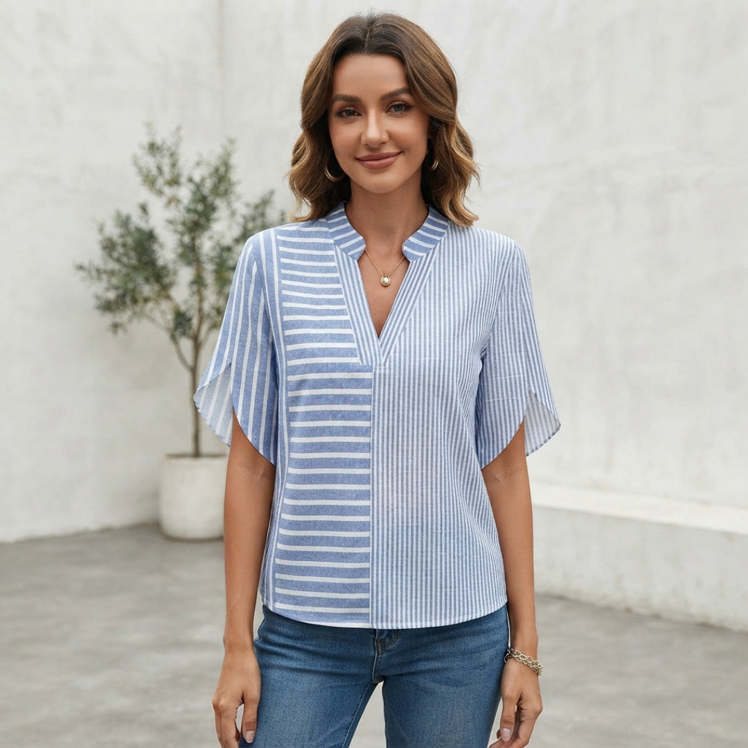 Women's Blouse Notched Mandarin Collar V-Neck, Mid-Length Sleeves with Side Slit, Relaxed Fit