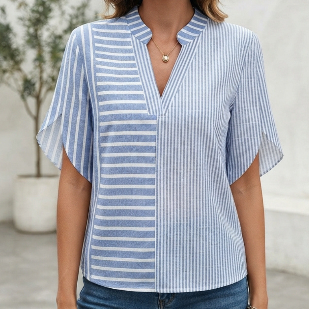 Women's Blouse Notched Mandarin Collar V-Neck, Mid-Length Sleeves with Side Slit, Relaxed Fit