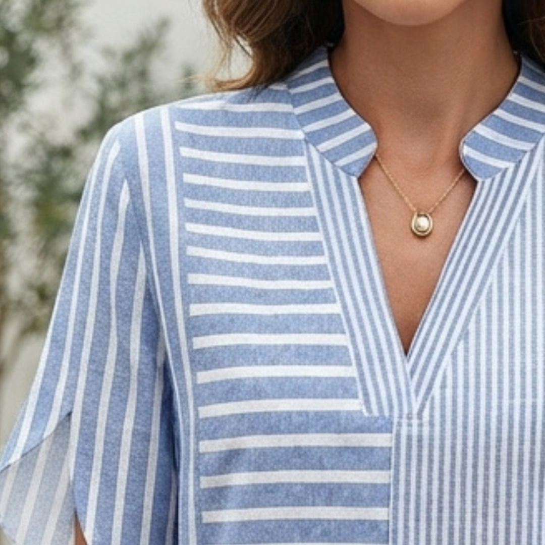 Women's Blouse Notched Mandarin Collar V-Neck, Mid-Length Sleeves with Side Slit, Relaxed Fit
