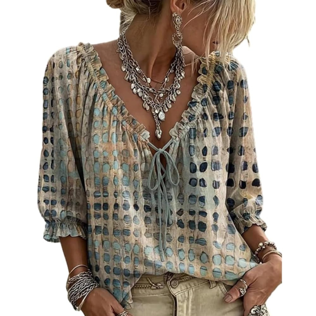 Women's Blouse Ruffle V-Neck Tie Front, 3/4 Sleeve with Elastic Ruffle Cuff, Relaxed Fit, Abstract Grid Print