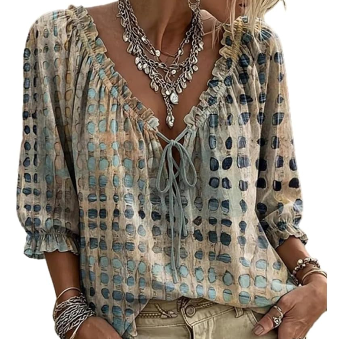 Women's Blouse Ruffle V-Neck Tie Front, 3/4 Sleeve with Elastic Ruffle Cuff, Relaxed Fit, Abstract Grid Print