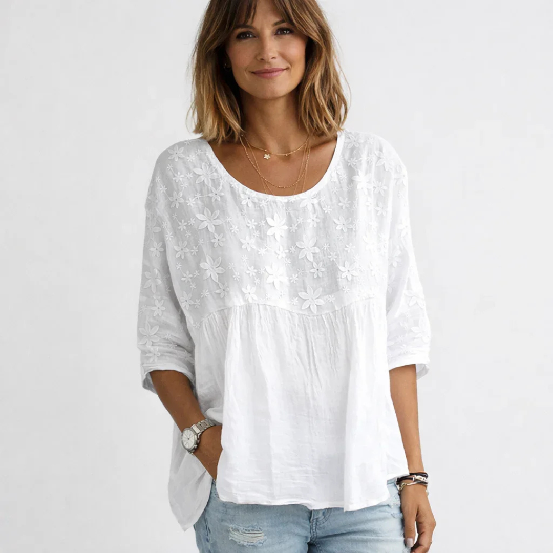 Women's Blouse Scoop Neck 3/4 Sleeves Panel-Gathered Front Relaxed Fit Floral Embroidery