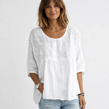 Women's Blouse Scoop Neck 3/4 Sleeves Panel-Gathered Front Relaxed Fit Floral Embroidery