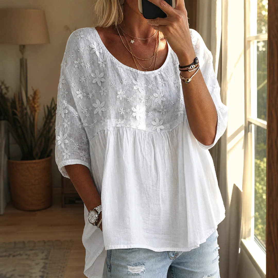 Women's Blouse Scoop Neck 3/4 Sleeves Panel-Gathered Front Relaxed Fit Floral Embroidery