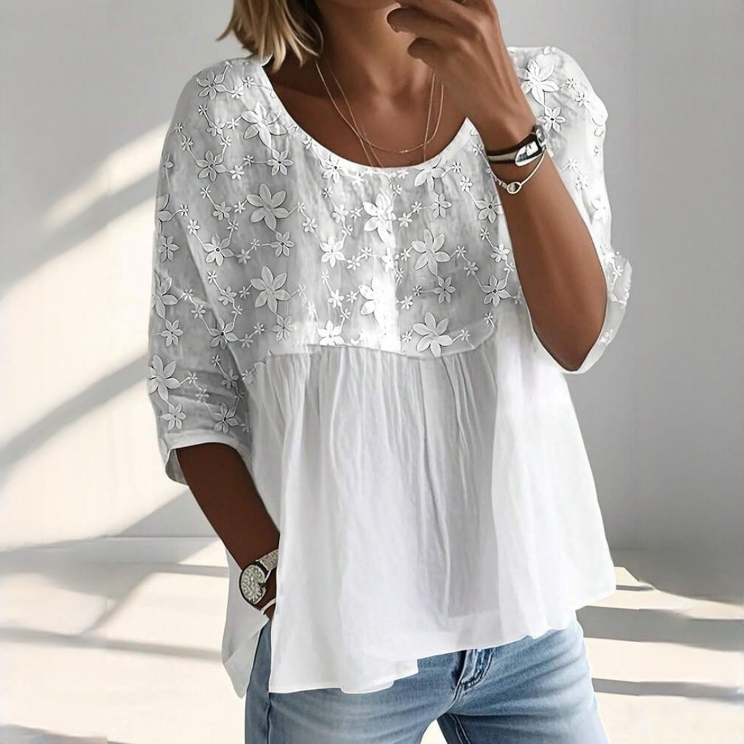 Women's Blouse Scoop Neck 3/4 Sleeves Panel-Gathered Front Relaxed Fit Floral Embroidery