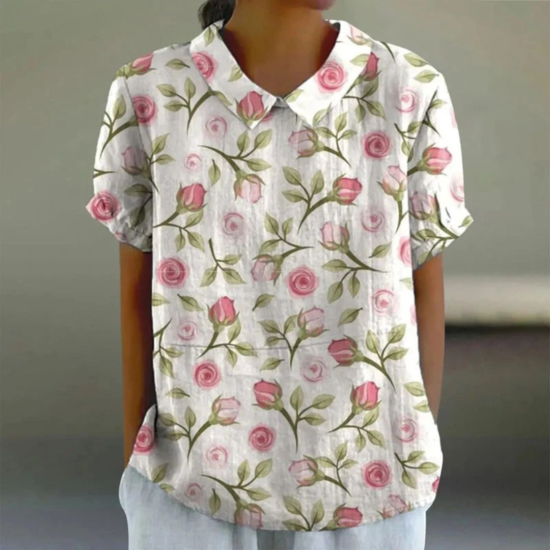 Women's Blouse with Notched Collar V-Neck, Short Sleeves, Relaxed Fit, Printed
