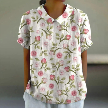 Women's Blouse with Notched Collar V-Neck, Short Sleeves, Relaxed Fit, Printed