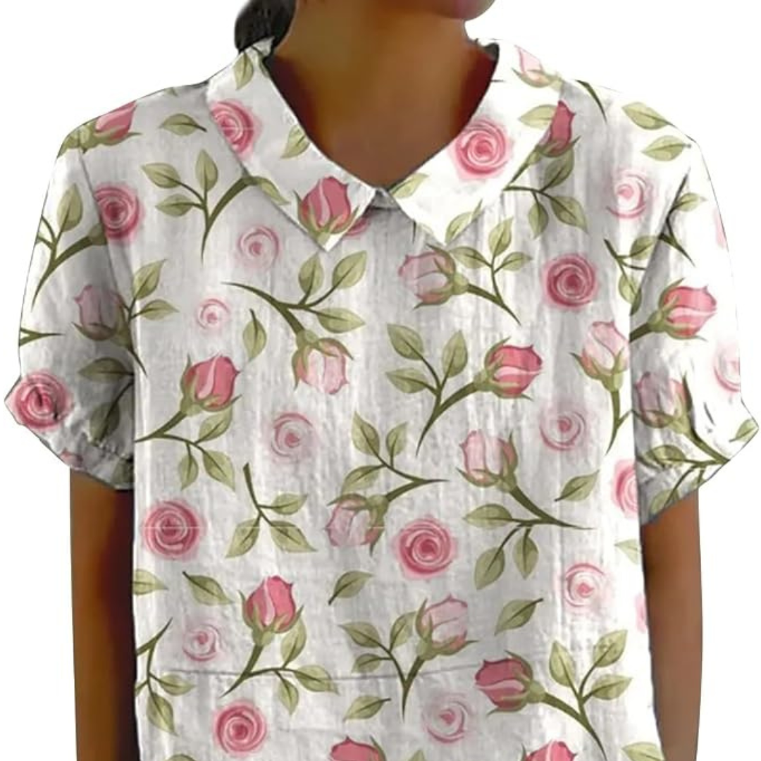 Women's Blouse with Notched Collar V-Neck, Short Sleeves, Relaxed Fit, Printed