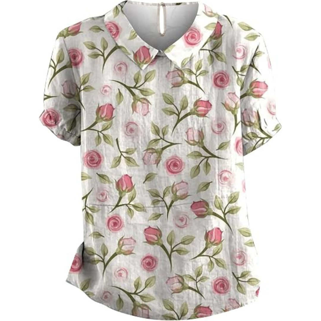Women's Blouse with Notched Collar V-Neck, Short Sleeves, Relaxed Fit, Printed