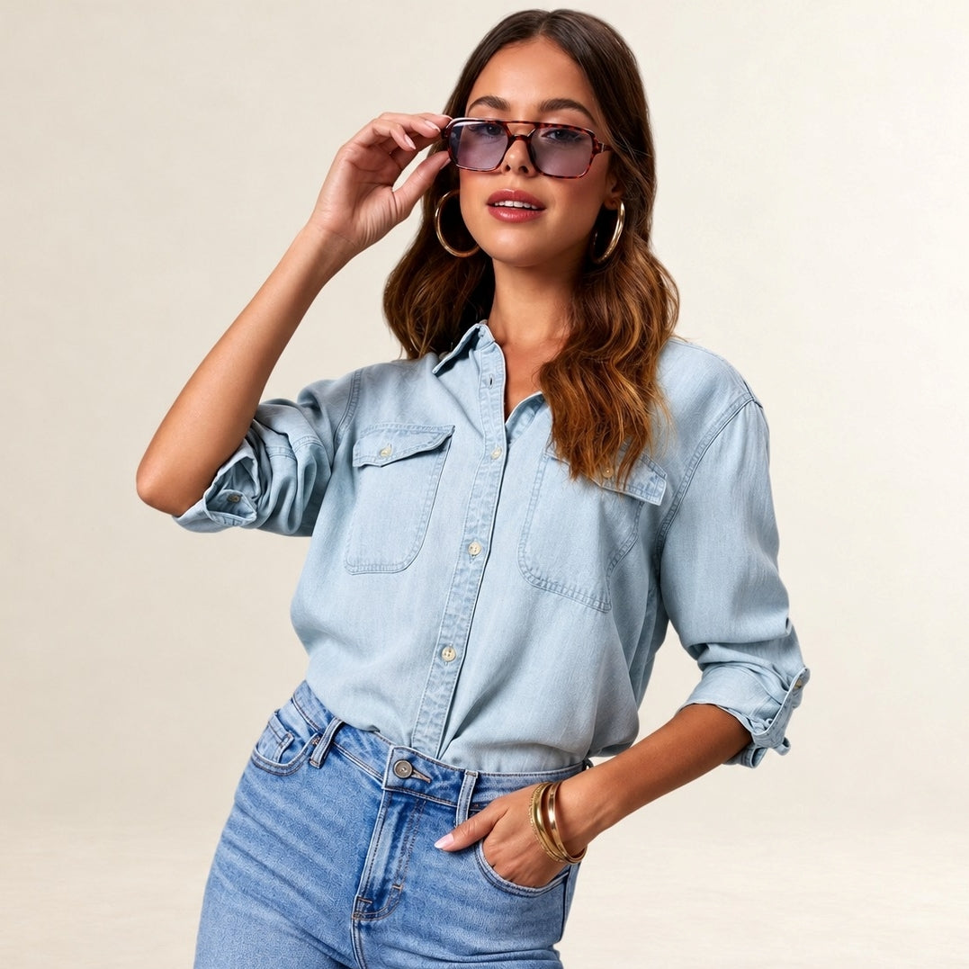 Women's Button-Front Shirt with Flap Chest Pockets, Long Roll-Tab Sleeves, Relaxed Fit